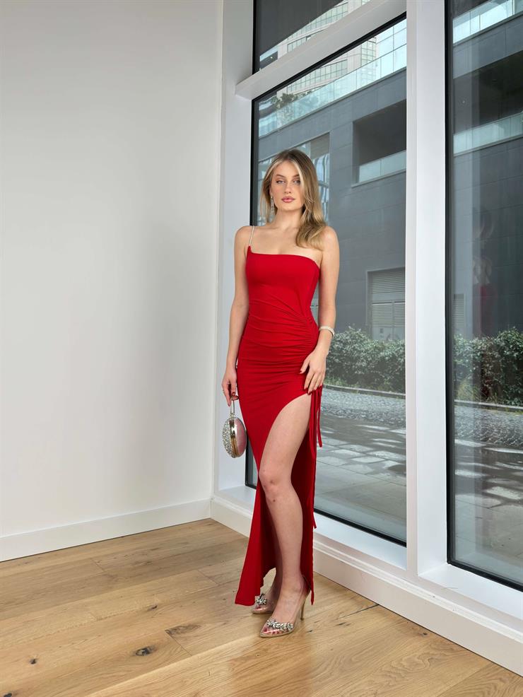 Tek Askılı Eteği Ayarlanabilir Büzgülü Blessing Kadın Kırmızı Elbise 24Y221