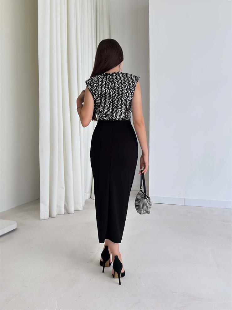 Üst Beden Pul Payetli Omuz Vatka Detaylı Bloom Gümüş Kadın Elbise 26K007