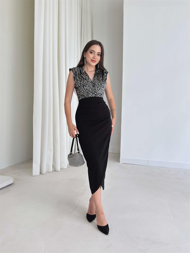 Üst Beden Pul Payetli Omuz Vatka Detaylı Bloom Gümüş Kadın Elbise 26K007