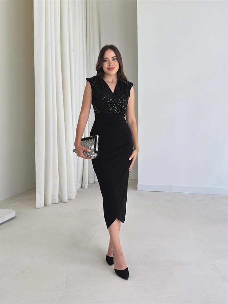 Üst Beden Pul Payetli Omuz Vatka Detaylı Bloom Siyah Kadın Elbise 26K007