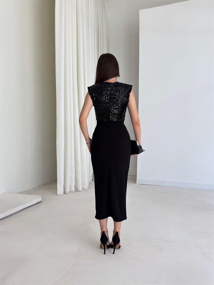 Üst Beden Pul Payetli Omuz Vatka Detaylı Bloom Siyah Kadın Elbise 26K007