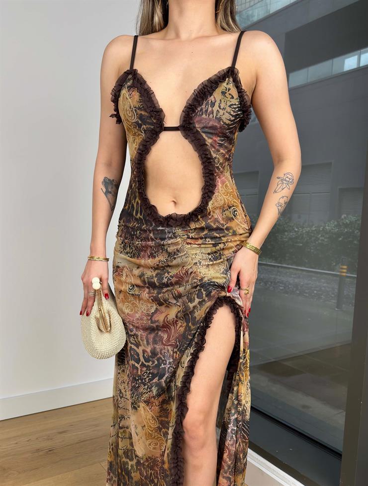 Askılı Pencere Detaylı Blossom Renkli Kadın Elbise 25K479