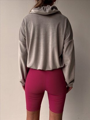 Kruvaze Kapşon Detaylı Kadife Kadın Gri Sweatshirt 22K000219