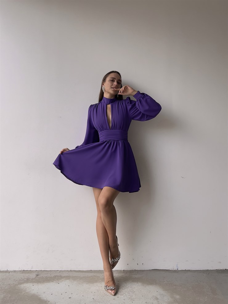 Boğazlı Derin V Yaka Düğmeli Kol Belden Oturtmalı Eteği Volanlı Ivon Kadın Mürdüm Mini Elbise 23K000029