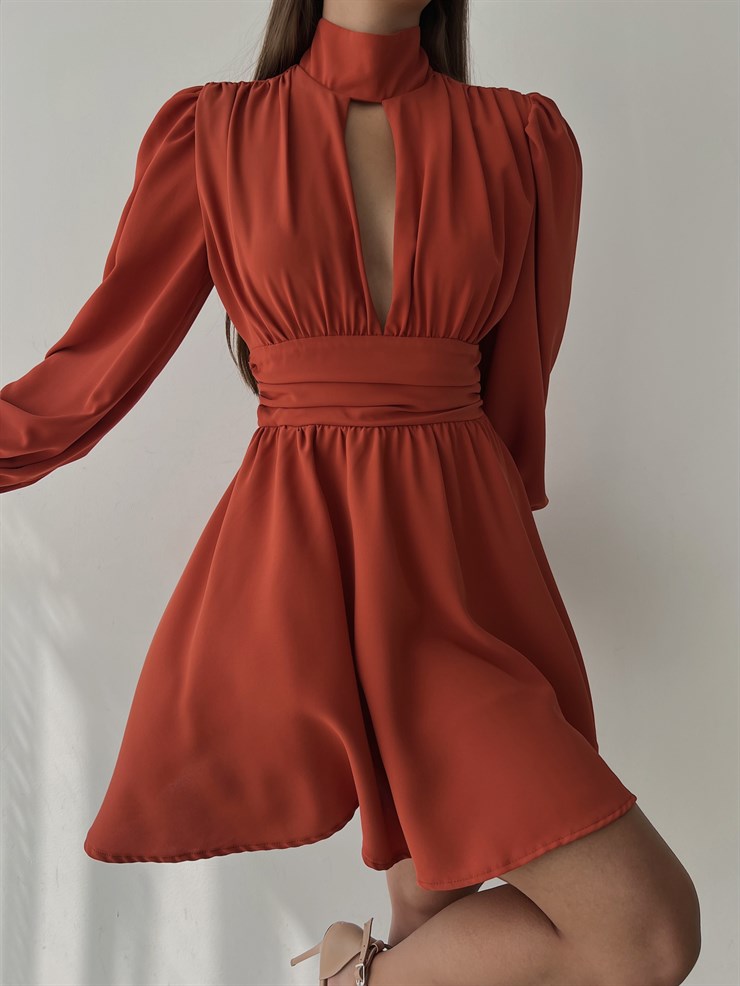 Boğazlı Derin V Yaka Düğmeli Kol Belden Oturtmalı Eteği Volanlı Ivon Kadın Kiremit Mini Elbise 23K000029