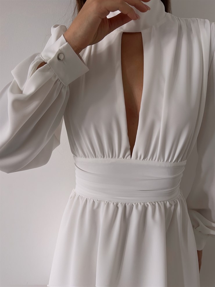 Boğazlı Derin V Yaka Düğmeli Kol Belden Oturtmalı Eteği Volanlı Ivon Kadın Ekru Mini Elbise 23K000029