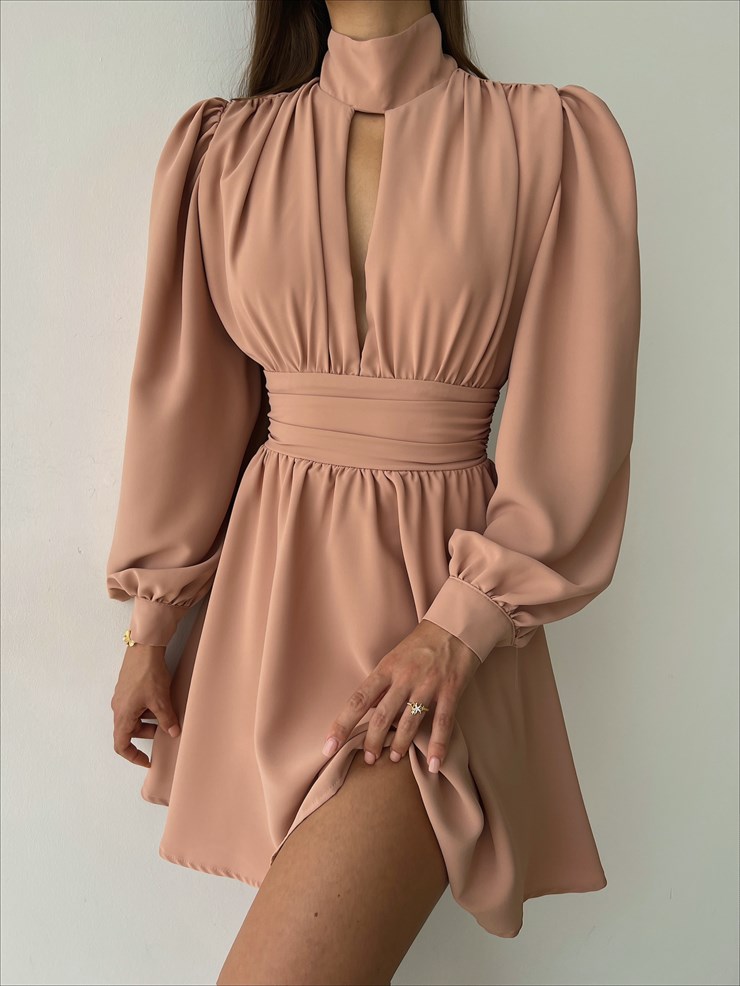 Boğazlı Derin V Yaka Düğmeli Kol Belden Oturtmalı Eteği Volanlı Ivon Kadın Somon Mini Elbise 23K000029