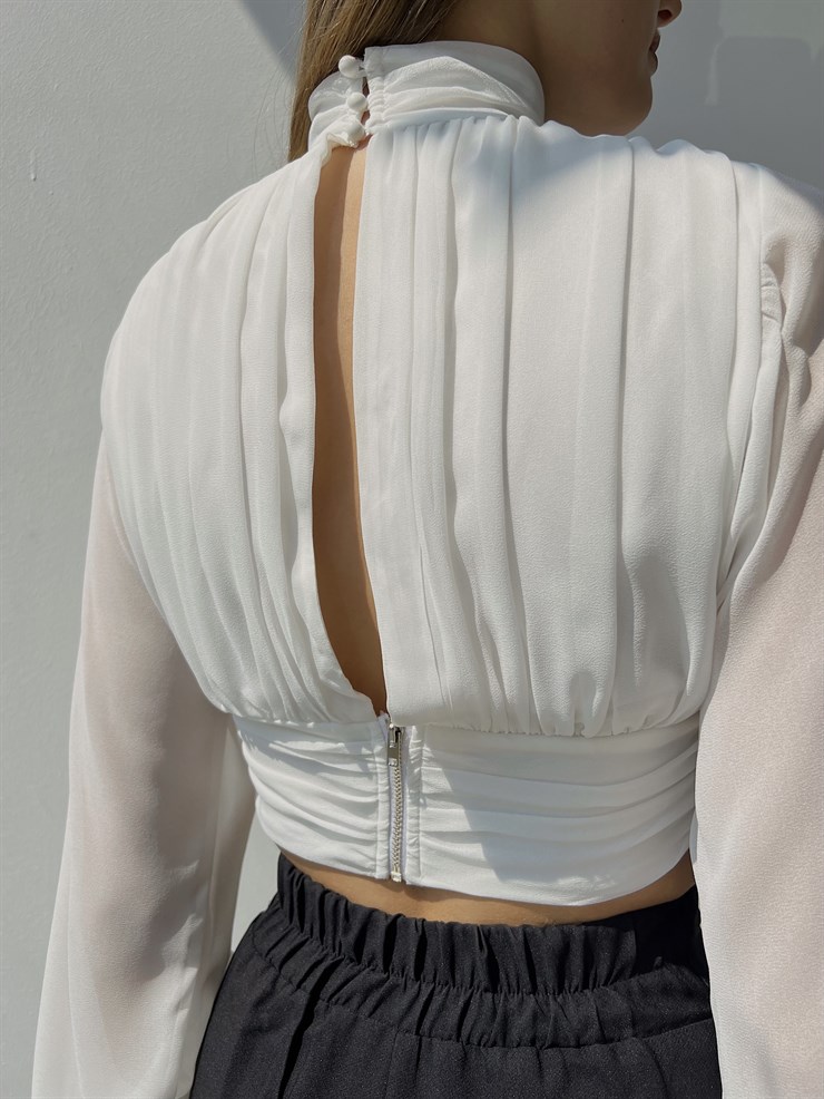 Boğazlı Drapeli Fermuar Kapamalı Sırt Dekolteli Kol Lastikli Kısa Fritzi Kadın Beyaz Bluz 23K000025