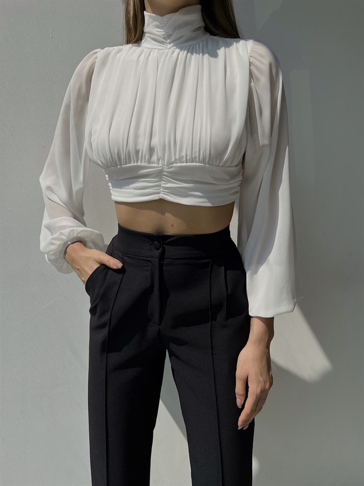 Boğazlı Drapeli Fermuar Kapamalı Sırt Dekolteli Kol Lastikli Kısa Fritzi Kadın Beyaz Bluz 23K000025