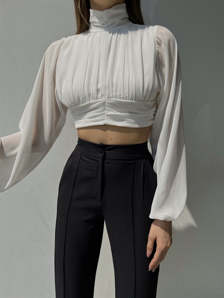 Boğazlı Drapeli Fermuar Kapamalı Sırt Dekolteli Kol Lastikli Kısa Fritzi Kadın Beyaz Bluz 23K000025