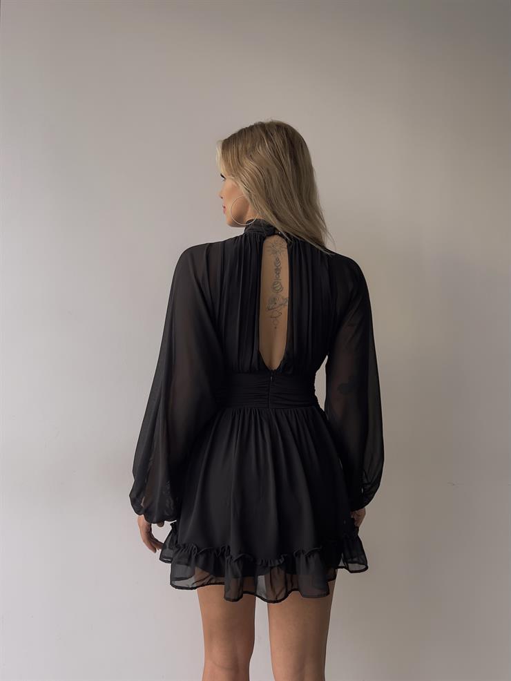 Boğazlı Etek Ucu Fırfırlı Uzun Tül Kol Penny Kadın Kısa Siyah Elbise 23K000313