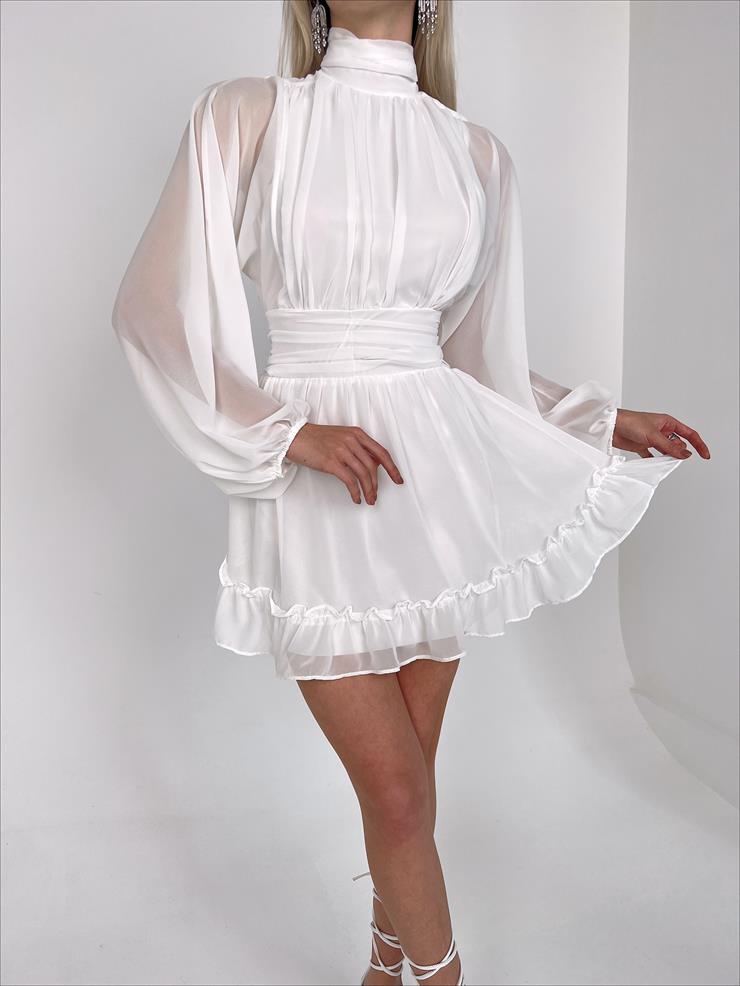 Boğazlı Etek Ucu Fırfırlı Uzun Tül Kol Penny Kadın Kısa Beyaz Elbise 23K000313