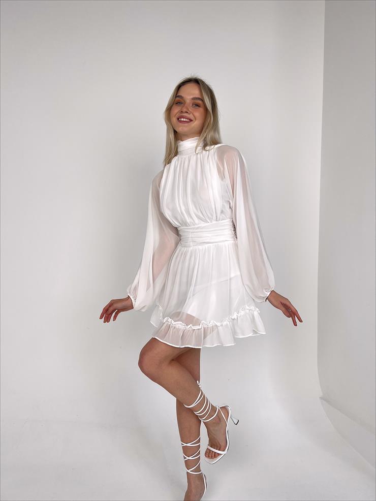 Boğazlı Etek Ucu Fırfırlı Uzun Tül Kol Penny Kadın Kısa Beyaz Elbise 23K000313