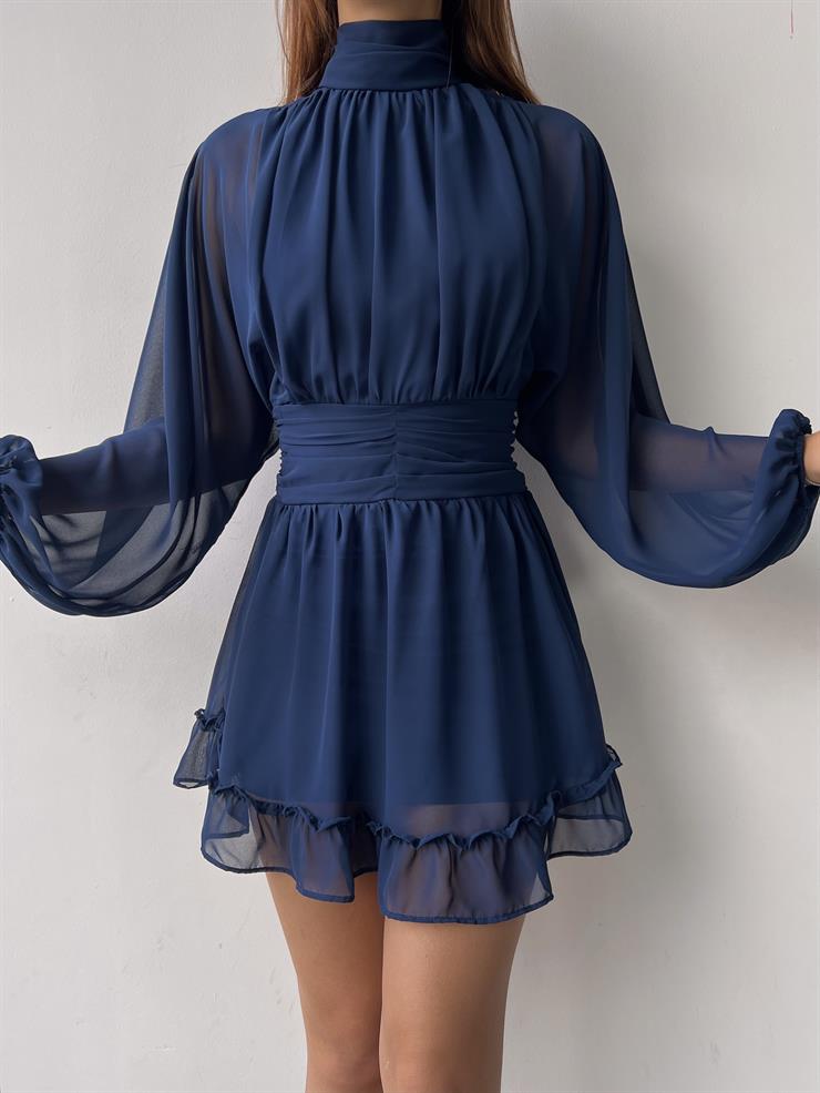 Boğazlı Etek Ucu Fırfırlı Uzun Tül Kol Penny Kadın Kısa Lacivert Elbise 23K000313