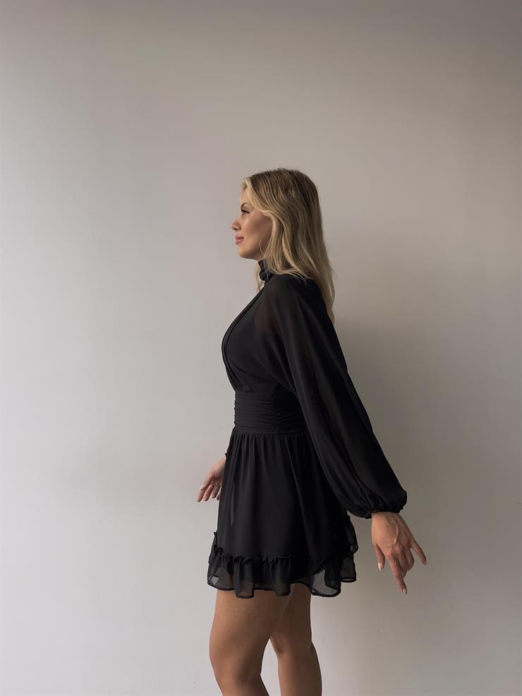 Boğazlı Etek Ucu Fırfırlı Uzun Tül Kol Penny Kadın Kısa Siyah Elbise 23K000313