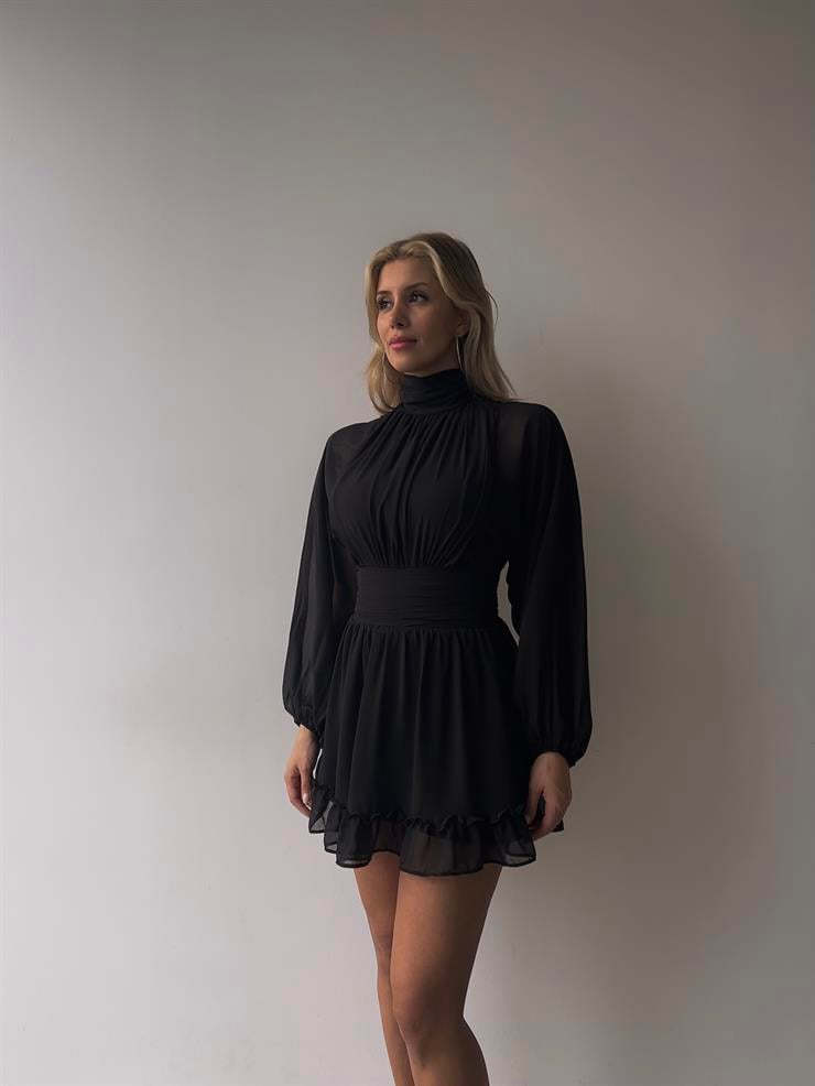 Boğazlı Etek Ucu Fırfırlı Uzun Tül Kol Penny Kadın Kısa Siyah Elbise 23K000313