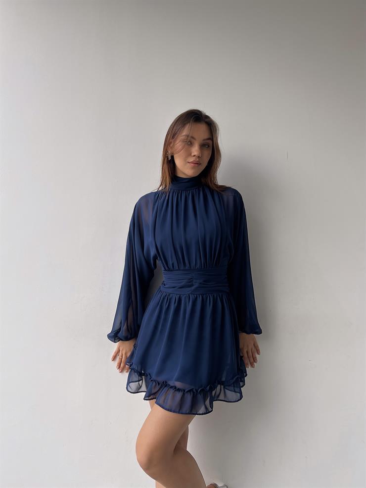 Boğazlı Etek Ucu Fırfırlı Uzun Tül Kol Penny Kadın Kısa Lacivert Elbise 23K000313