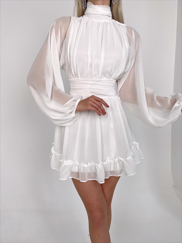 Boğazlı Etek Ucu Fırfırlı Uzun Tül Kol Penny Kadın Kısa Beyaz Elbise 23K000313