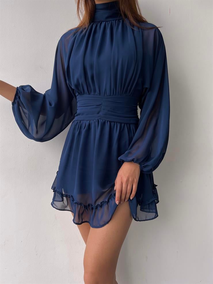 Boğazlı Etek Ucu Fırfırlı Uzun Tül Kol Penny Kadın Kısa Lacivert Elbise 23K000313