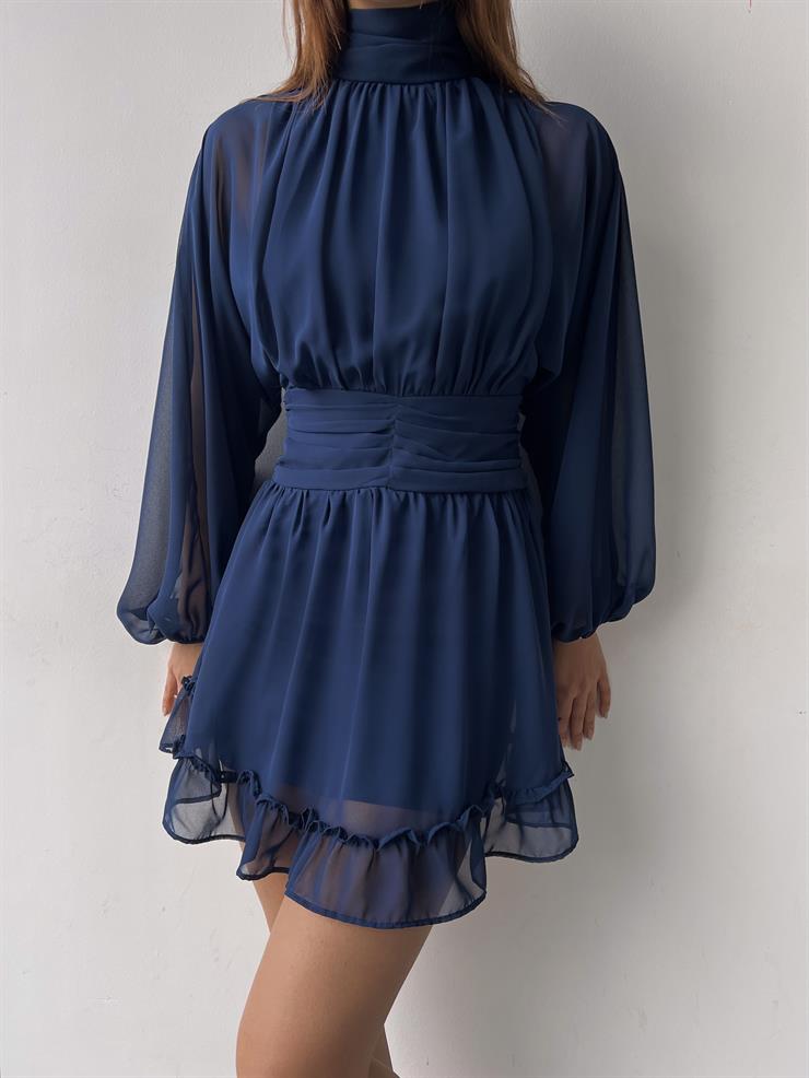 Boğazlı Etek Ucu Fırfırlı Uzun Tül Kol Penny Kadın Kısa Lacivert Elbise 23K000313