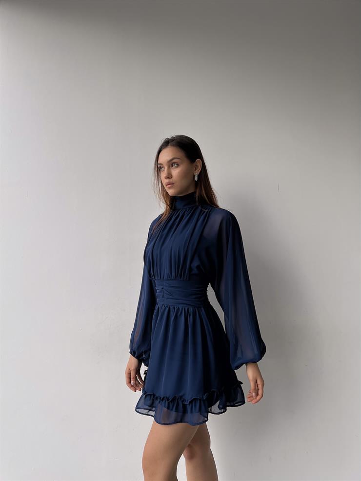 Boğazlı Etek Ucu Fırfırlı Uzun Tül Kol Penny Kadın Kısa Lacivert Elbise 23K000313