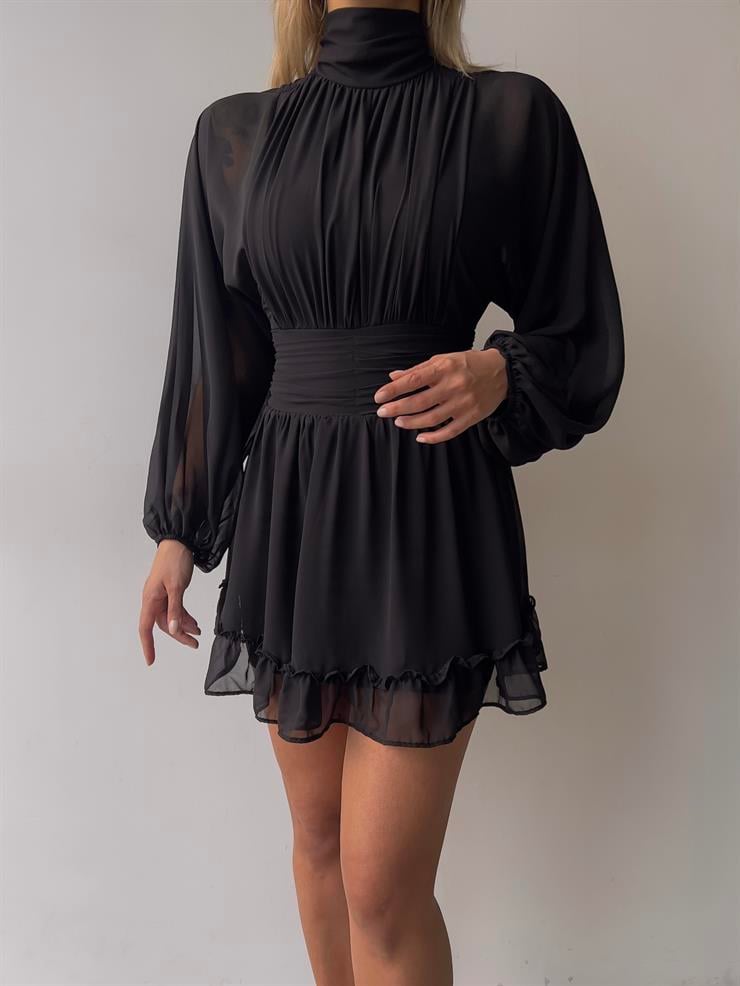 Boğazlı Etek Ucu Fırfırlı Uzun Tül Kol Penny Kadın Kısa Siyah Elbise 23K000313