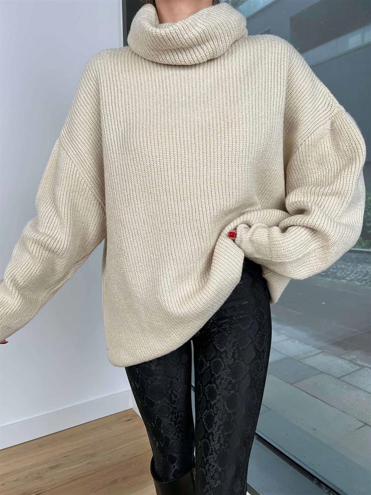 Boğazlı Oversize Allan Kadın Bej Kazak 24k428