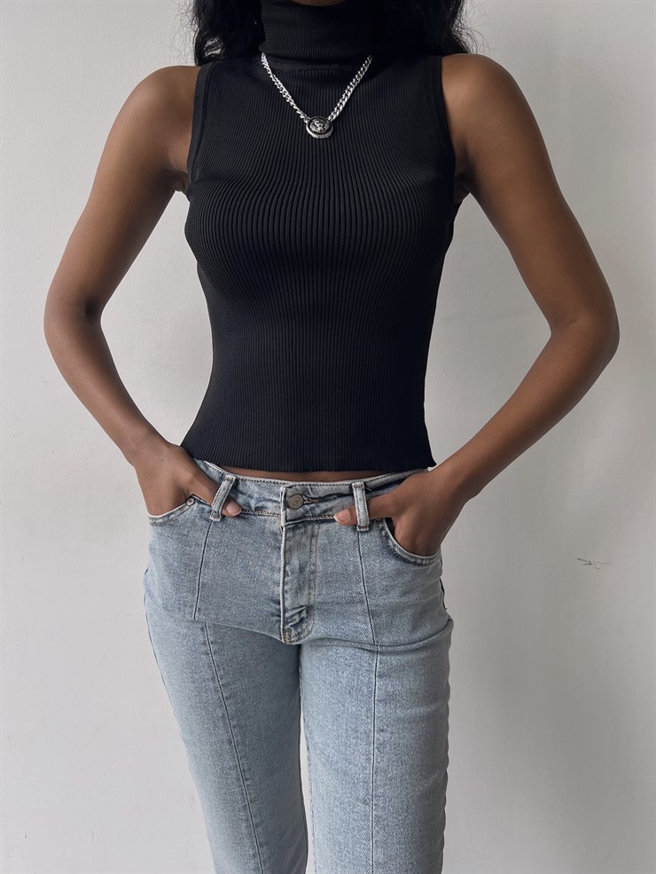 Boğazlı Sıfır Kol Kadın Siyah Bluz 22K000235