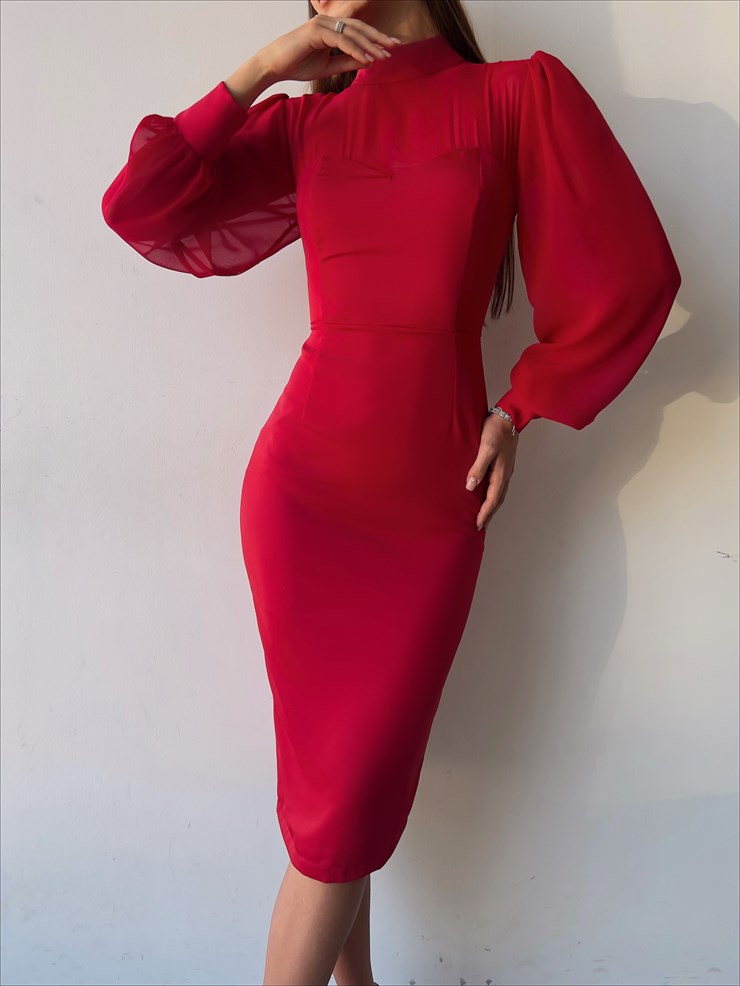 Boğazlı Uzun Tül Kol Agathe Kadın Kırmızı Midi Boy Elbise 23K000156