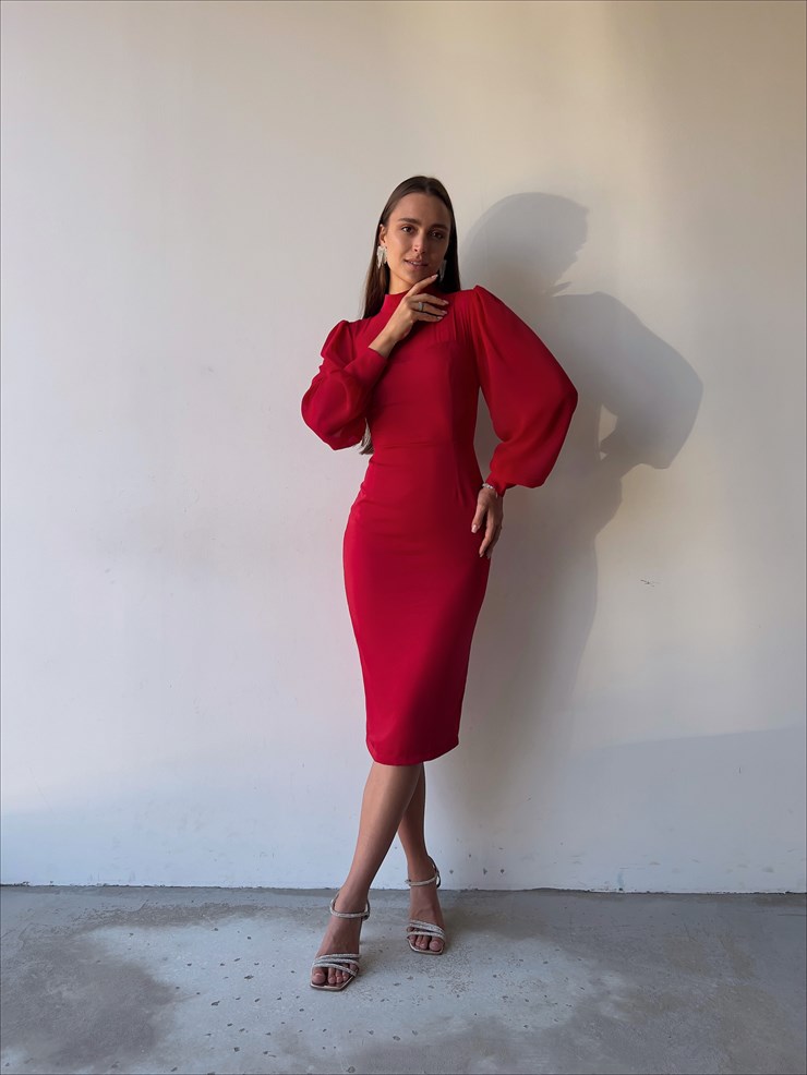 Boğazlı Uzun Tül Kol Agathe Kadın Kırmızı Midi Boy Elbise 23K000156