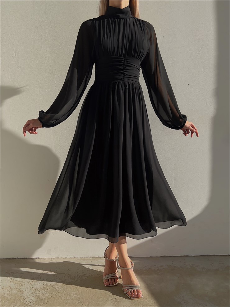 Boğazlı Uzun Tül Kol Belden Oturtmalı Rober Kadın Siyah Midi Boy Elbise 23K000155