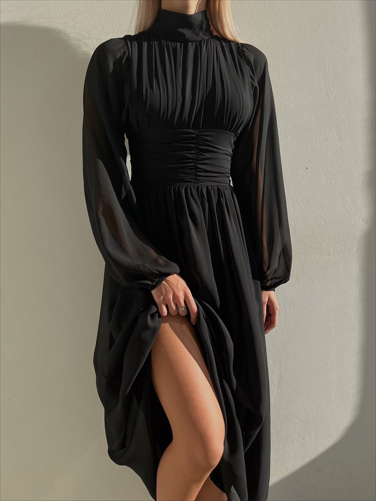 Boğazlı Uzun Tül Kol Belden Oturtmalı Rober Kadın Siyah Midi Boy Elbise 23K000155