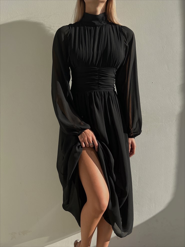 Boğazlı Uzun Tül Kol Belden Oturtmalı Rober Kadın Siyah Midi Boy Elbise 23K000155