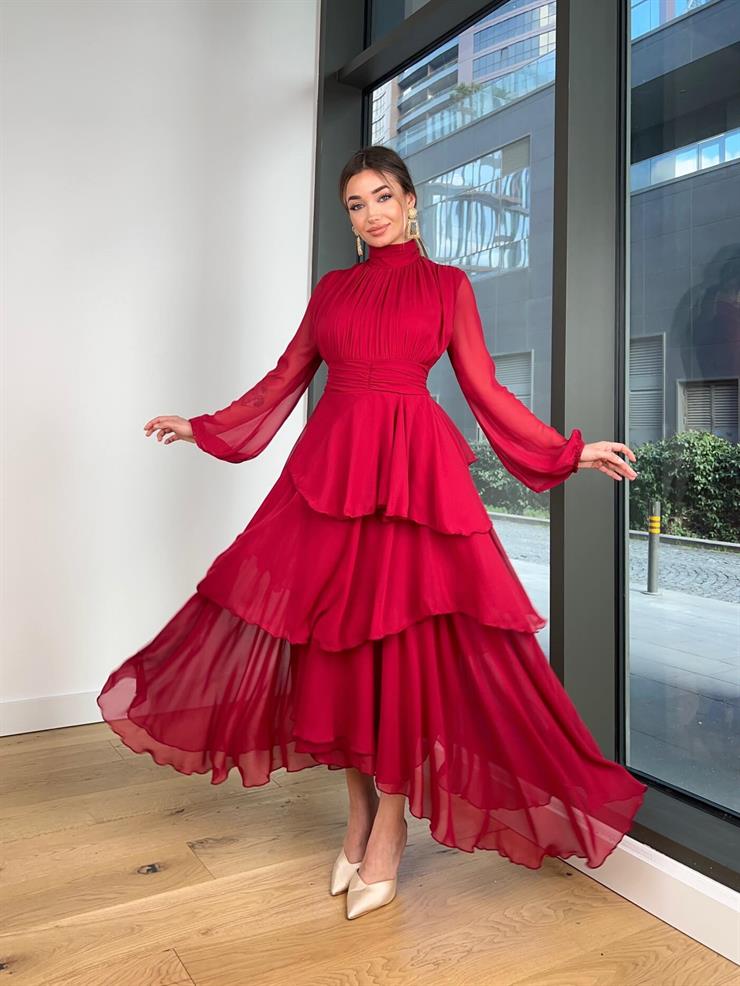 Boğazlı Uzun Tül Kol Önü Ve Beli Drape Detaylı Eteği Katlı Alicia Kadın Bordo Elbise 24k000156