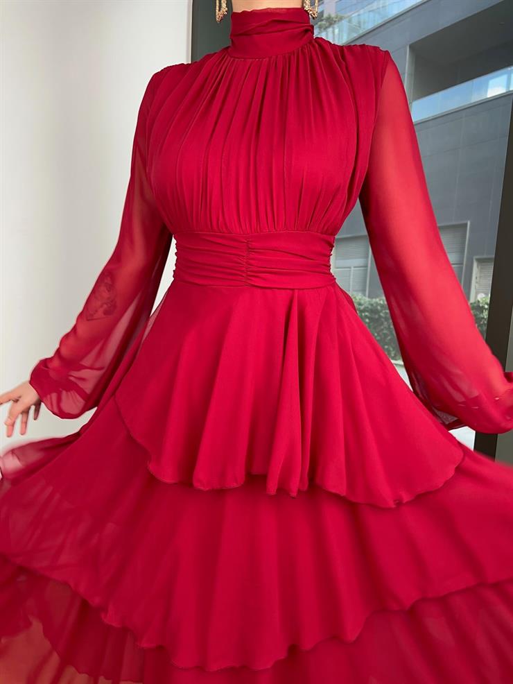 Boğazlı Uzun Tül Kol Önü Ve Beli Drape Detaylı Eteği Katlı Alicia Kadın Bordo Elbise 24k000156