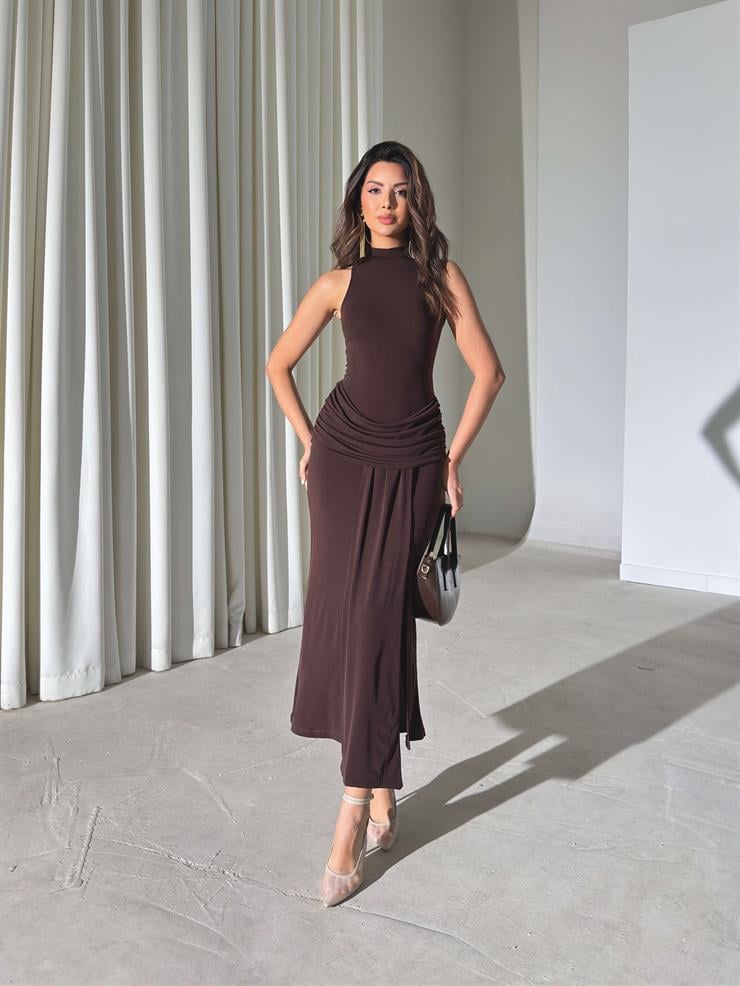Yırtmaçlı Sıfır Kol Kuşak Detaylı Bolmi Kahve Kadın Elbise 26Y004
