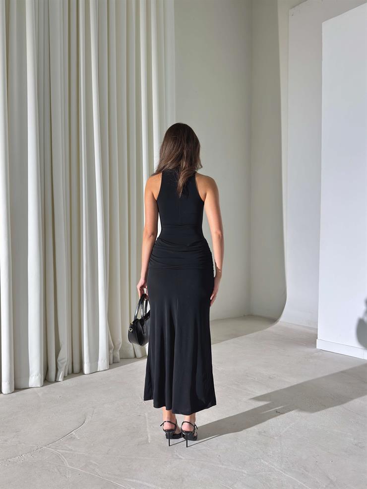 Yırtmaçlı Sıfır Kol Kuşak Detaylı Bolmi Siyah Kadın Elbise 26Y004