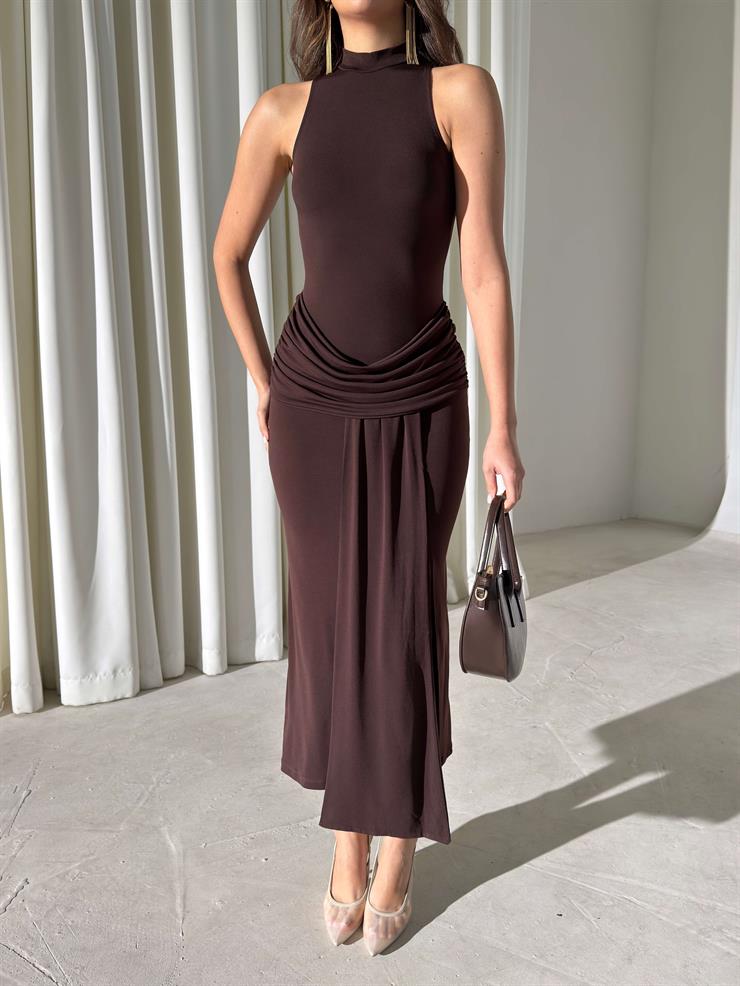 Yırtmaçlı Sıfır Kol Kuşak Detaylı Bolmi Kahve Kadın Elbise 26Y004