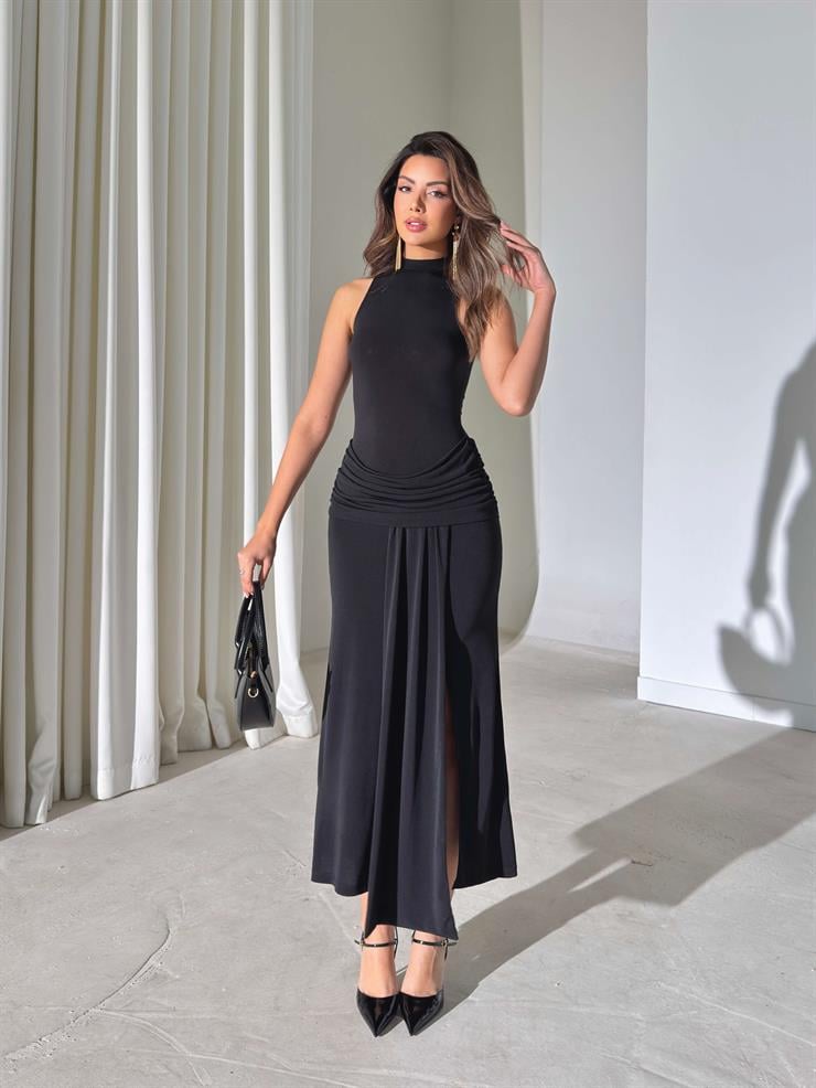 Yırtmaçlı Sıfır Kol Kuşak Detaylı Bolmi Siyah Kadın Elbise 26Y004