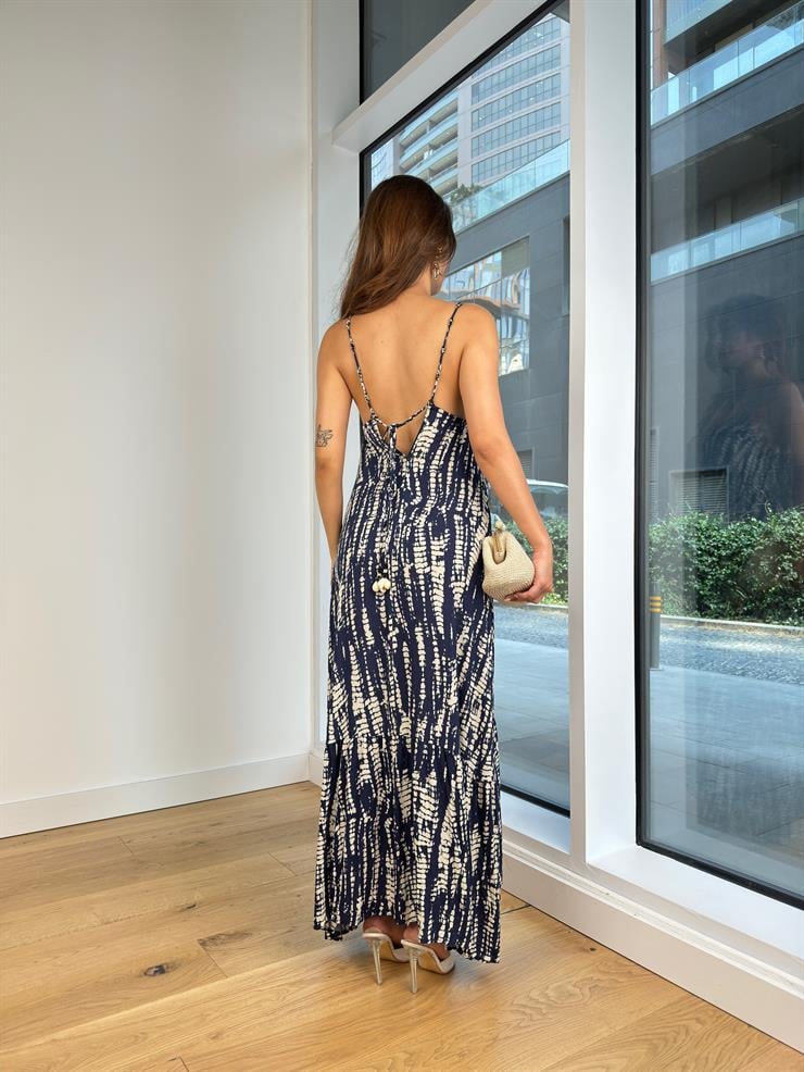 Askılı Desenli BoncukKadın Lacivert Maxi Elbise 24Y799