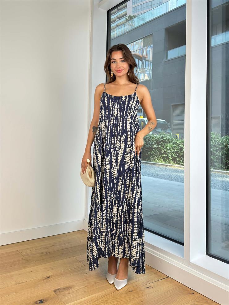 Askılı Desenli BoncukKadın Lacivert Maxi Elbise 24Y799