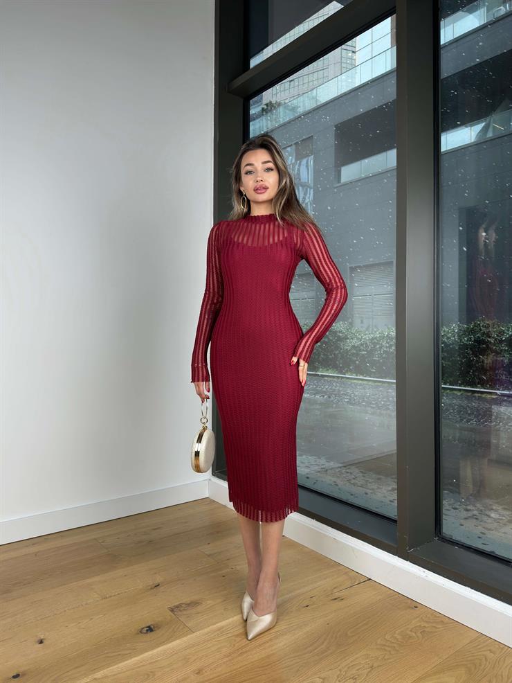 Yarım Balıkçı Yaka Transparan Bond Bordo Kadın Midi Elbise 25Y089