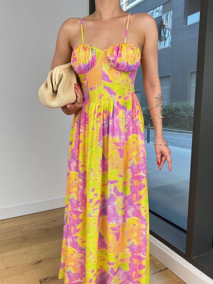 İnce Askılı Göğüs Kısmı Büzgü Detaylı Korse Görünüm Bondni Sarı Kadın Elbise 25Y510