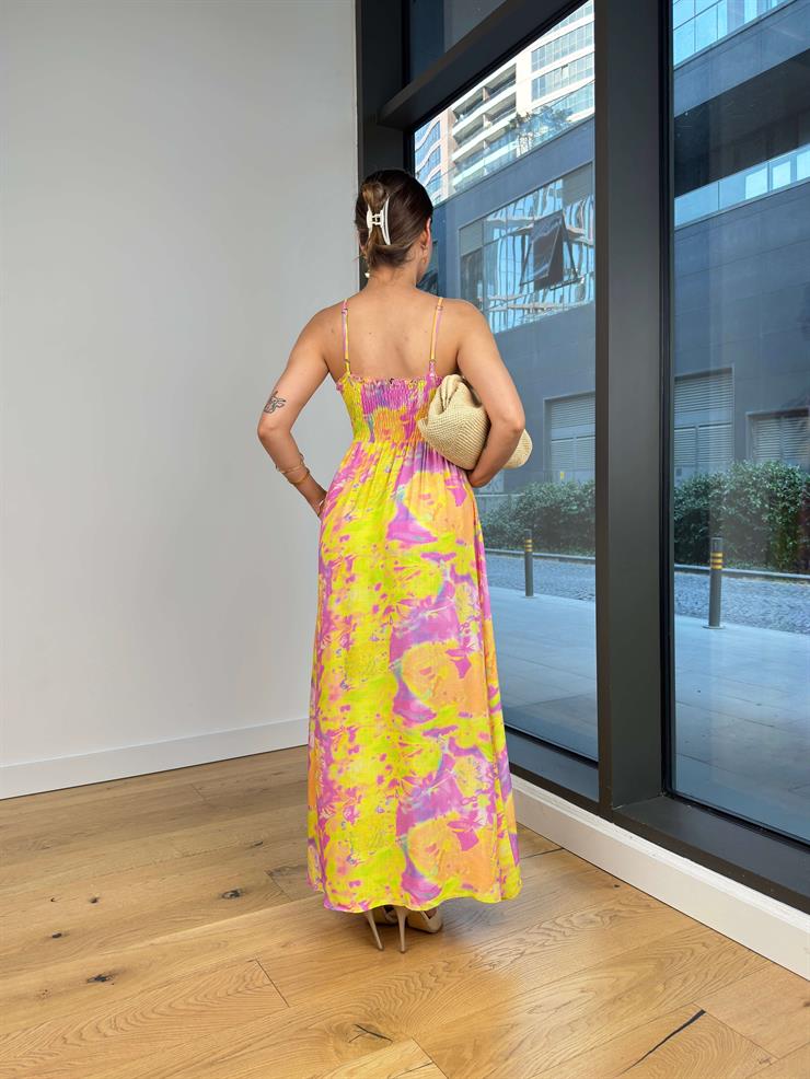 İnce Askılı Göğüs Kısmı Büzgü Detaylı Korse Görünüm Bondni Sarı Kadın Elbise 25Y510