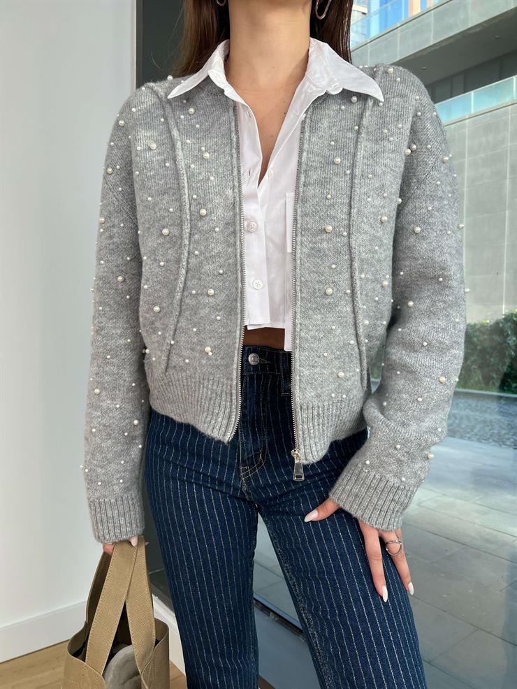 Önü Fermuar Kapamalı Bontli Kadın Gri Hırka 24k437