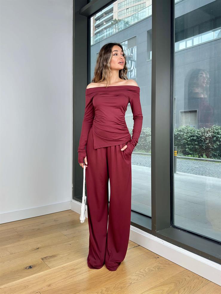 Madonna Yaka Uzun Kol Bluz Yüksek Bel Bol Paça Pantolon Börd Bordo Kadın Takım 25Y140