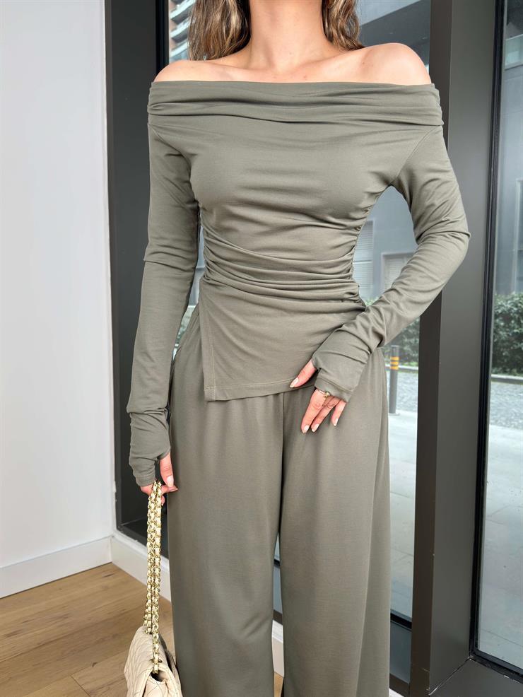 Madonna Yaka Uzun Kol Bluz Yüksek Bel Bol Paça Pantolon Börd Haki Kadın Takım 25Y140