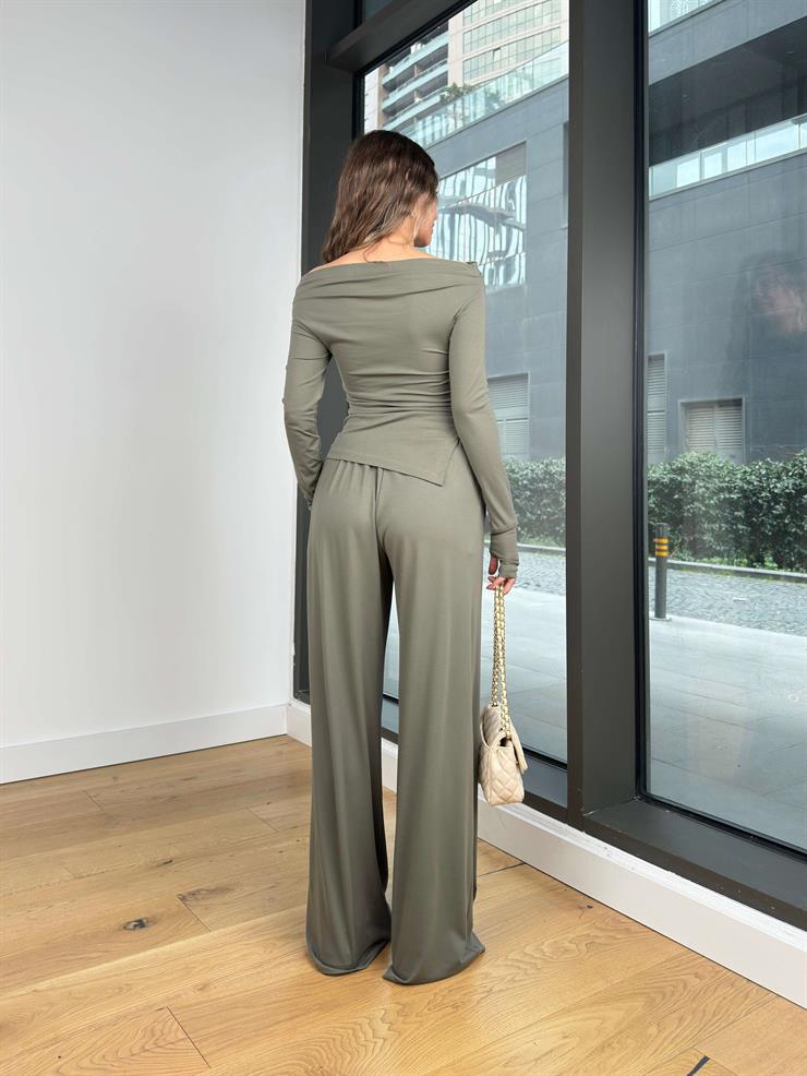 Madonna Yaka Uzun Kol Bluz Yüksek Bel Bol Paça Pantolon Börd Haki Kadın Takım 25Y140