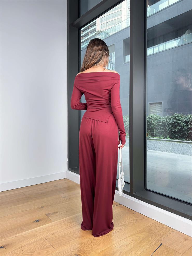 Madonna Yaka Uzun Kol Bluz Yüksek Bel Bol Paça Pantolon Börd Bordo Kadın Takım 25Y140