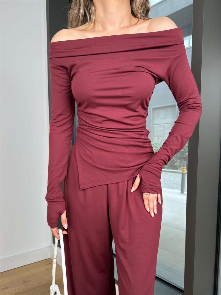 Madonna Yaka Uzun Kol Bluz Yüksek Bel Bol Paça Pantolon Börd Bordo Kadın Takım 25Y140